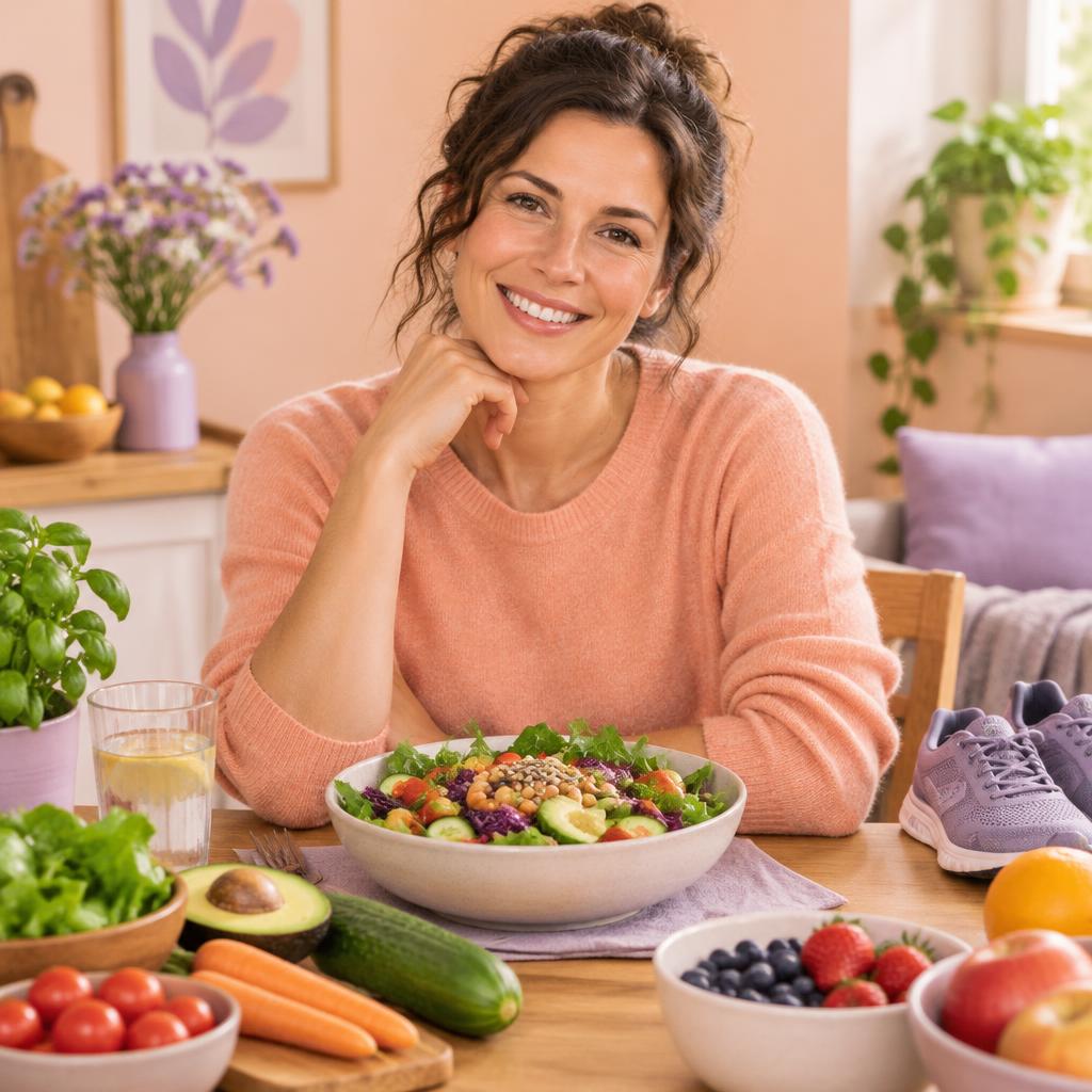 Woman enjoying a fresh meal with walking shoes nearby